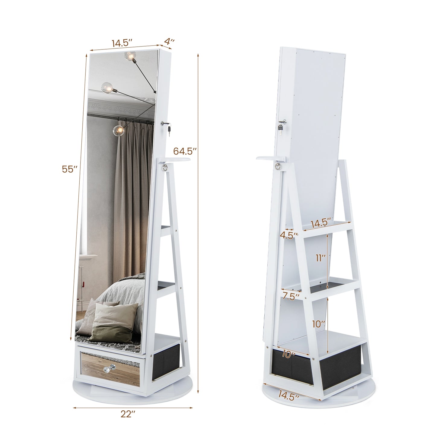 360° Swivel Lockable Jewelry Armoire with LED Lights and Full-Length Mirror – White