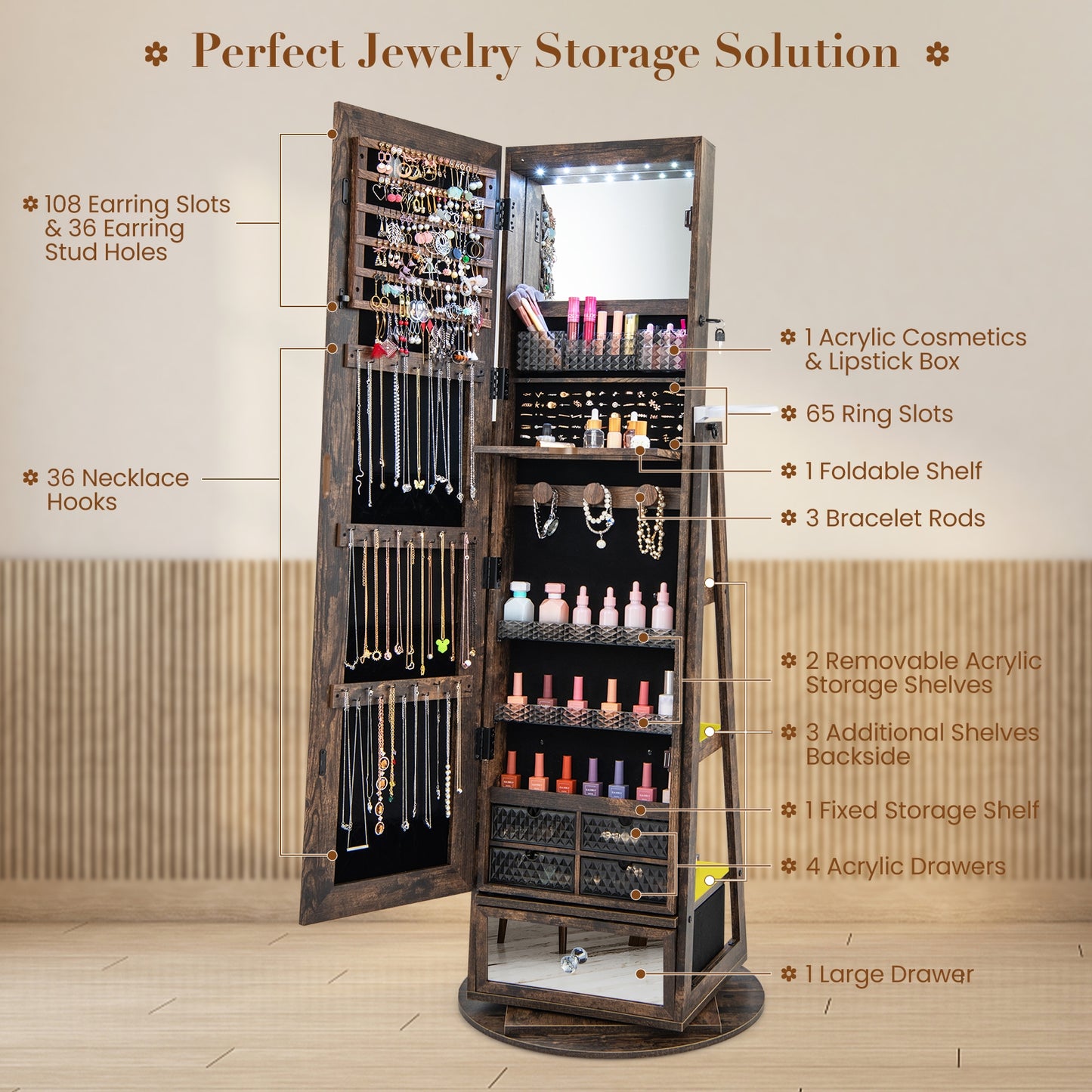 360° Swivel Lockable Jewelry Armoire with LED Lights and Full-Length Mirror – Rustic Brown