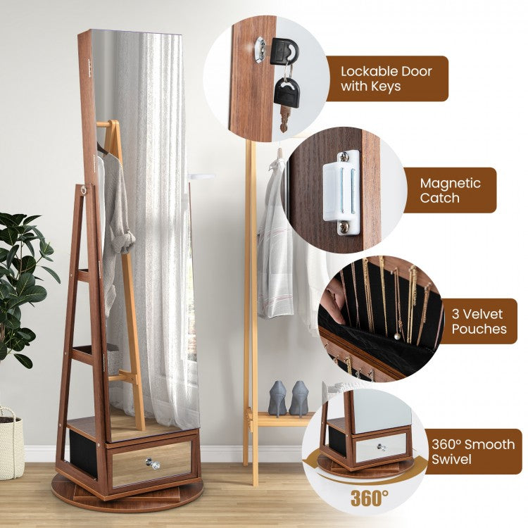 360° Swivel Lockable Jewelry Armoire with LED Lights and Full-Length Mirror – Walnut