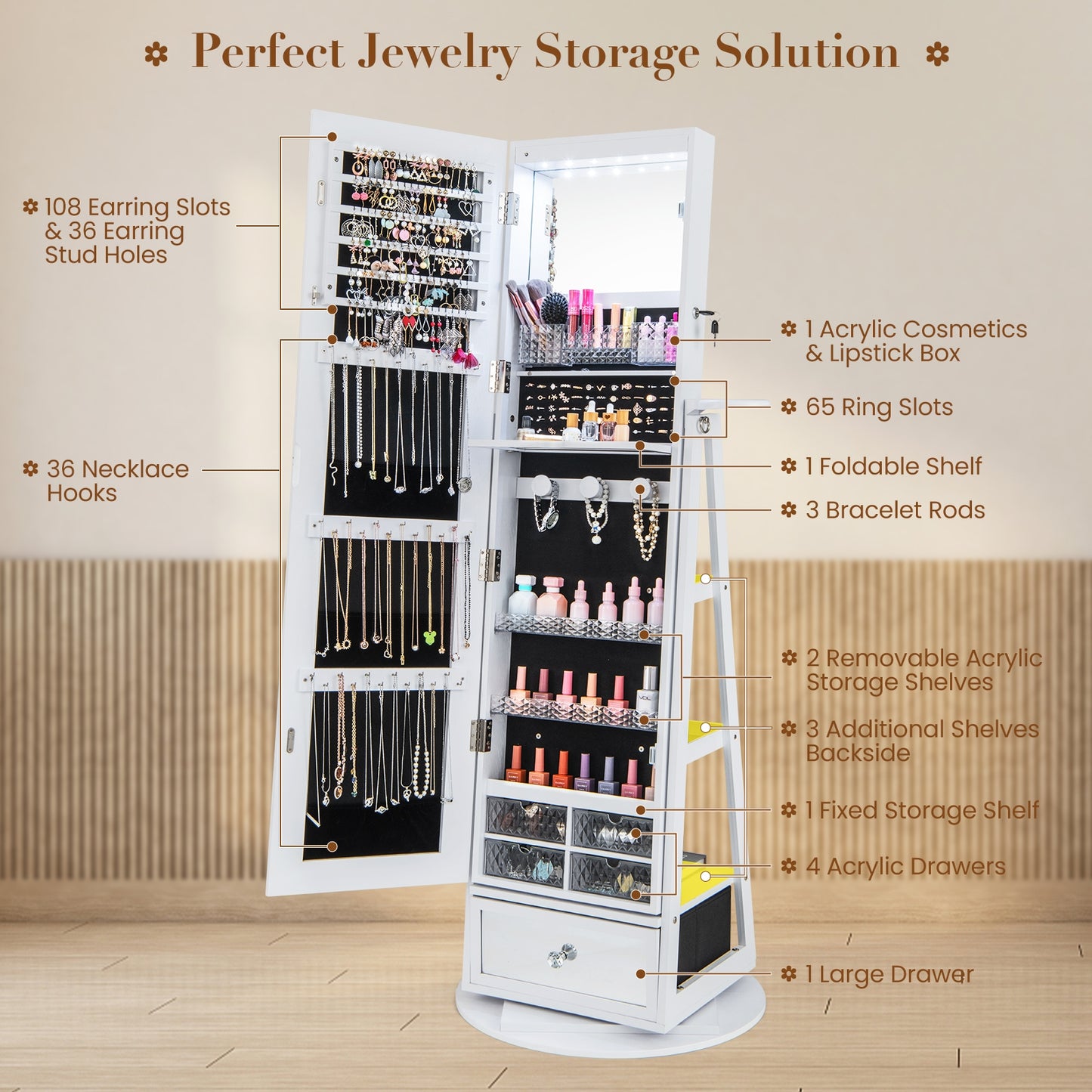 360° Swivel Lockable Jewelry Armoire with LED Lights and Full-Length Mirror – White