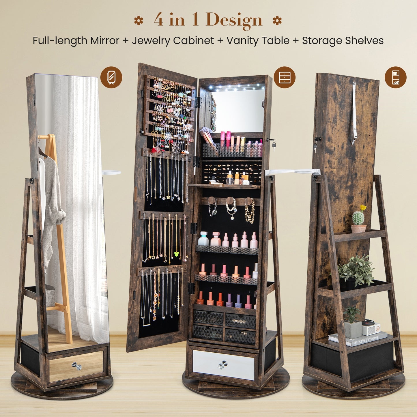 360° Swivel Lockable Jewelry Armoire with LED Lights and Full-Length Mirror – Rustic Brown