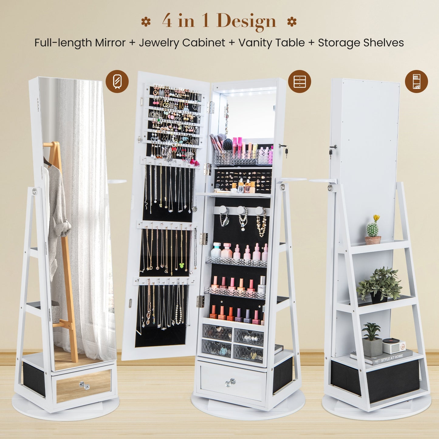 360° Swivel Lockable Jewelry Armoire with LED Lights and Full-Length Mirror – White