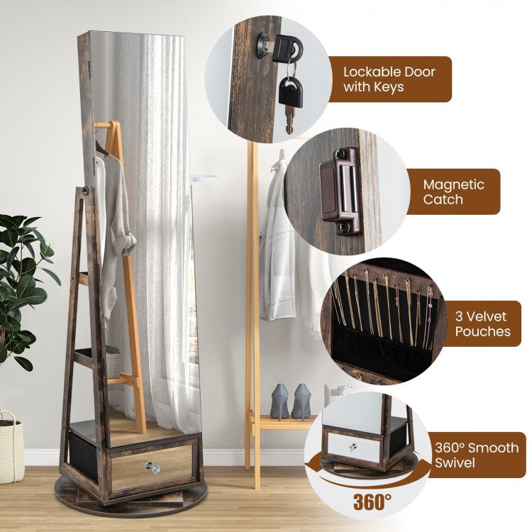 360° Swivel Lockable Jewelry Armoire with LED Lights and Full-Length Mirror – Rustic Brown