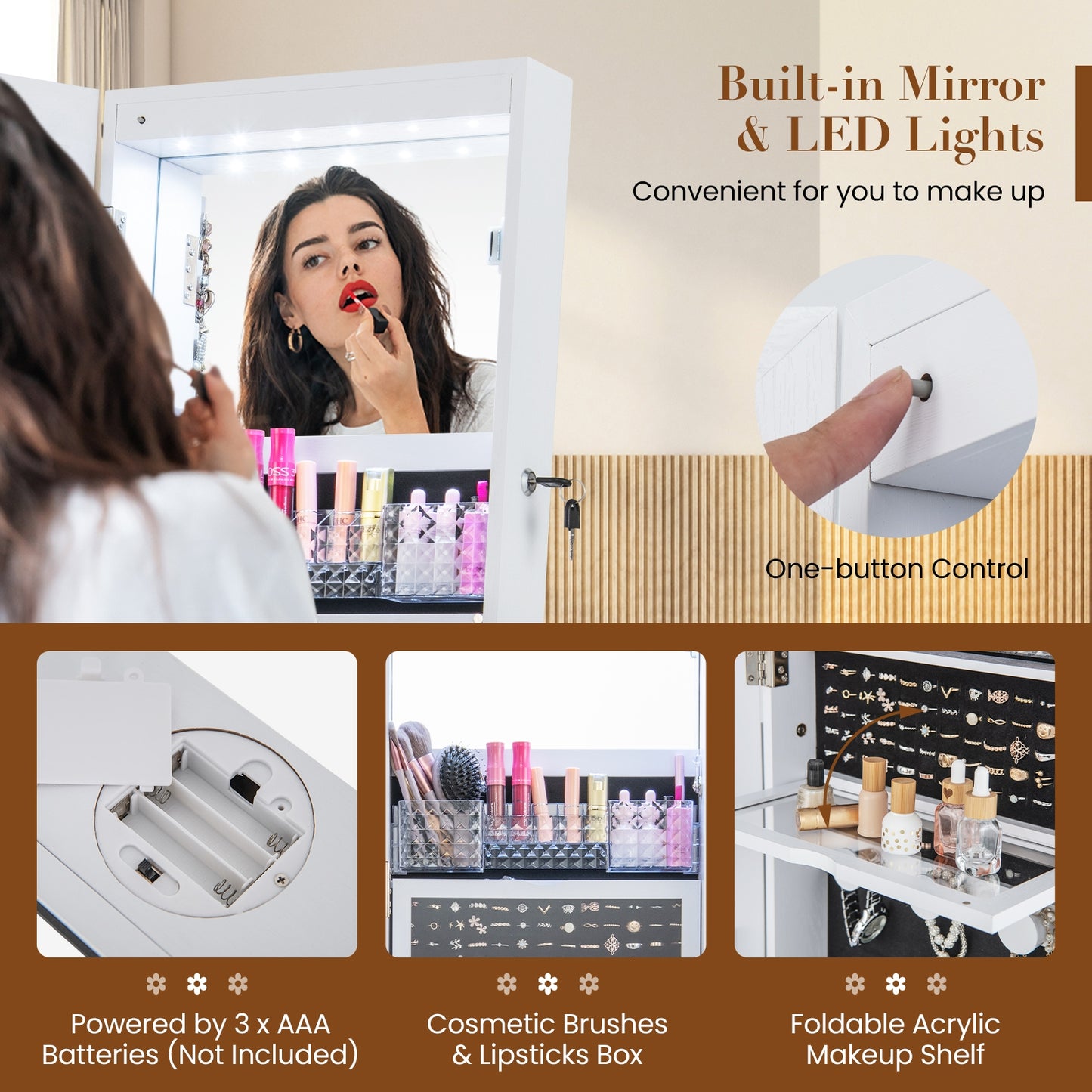 360° Swivel Lockable Jewelry Armoire with LED Lights and Full-Length Mirror – White