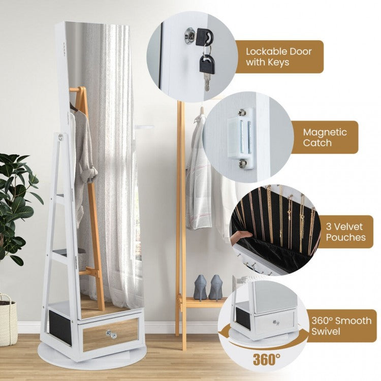 360° Swivel Lockable Jewelry Armoire with LED Lights and Full-Length Mirror – White