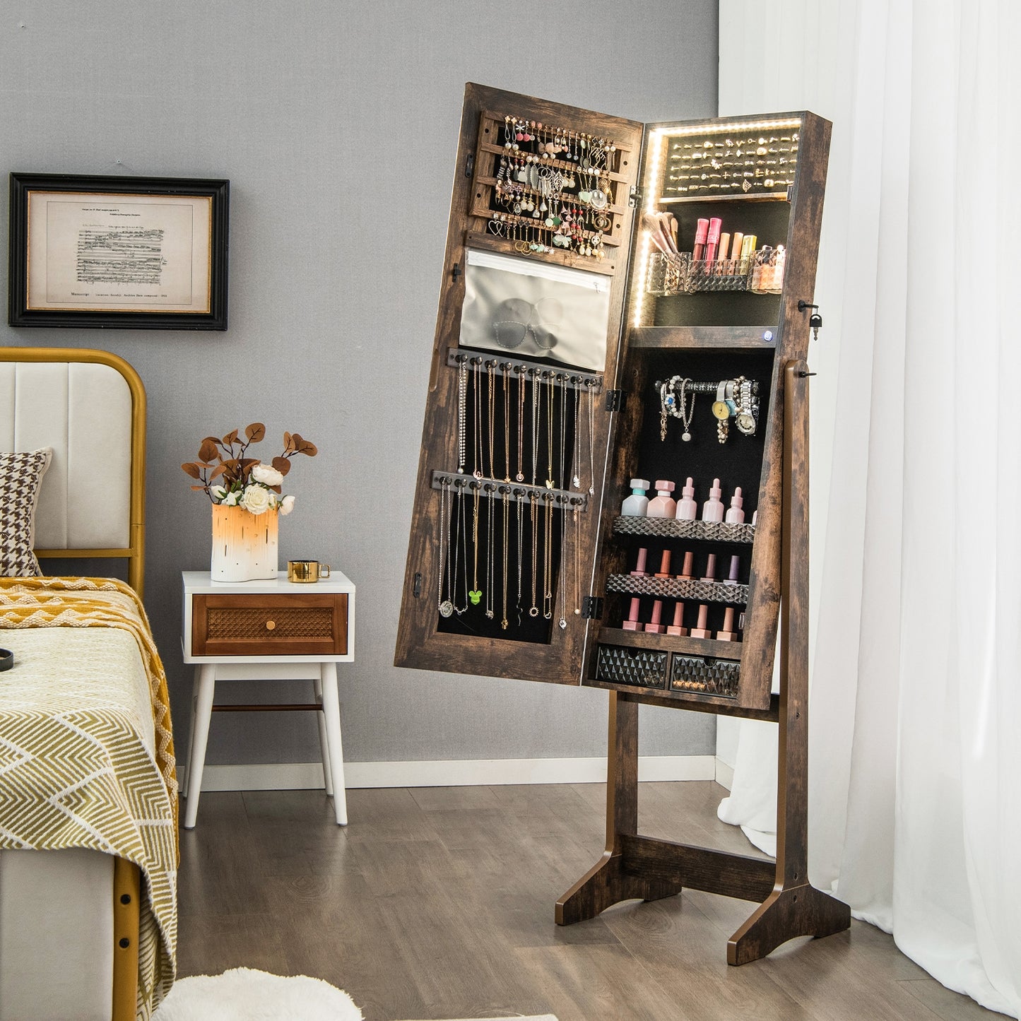 Standing Jewelry Armoire with Lock, LED Lighted Full-Length Mirror and Storage Shelves – Rustic Brown