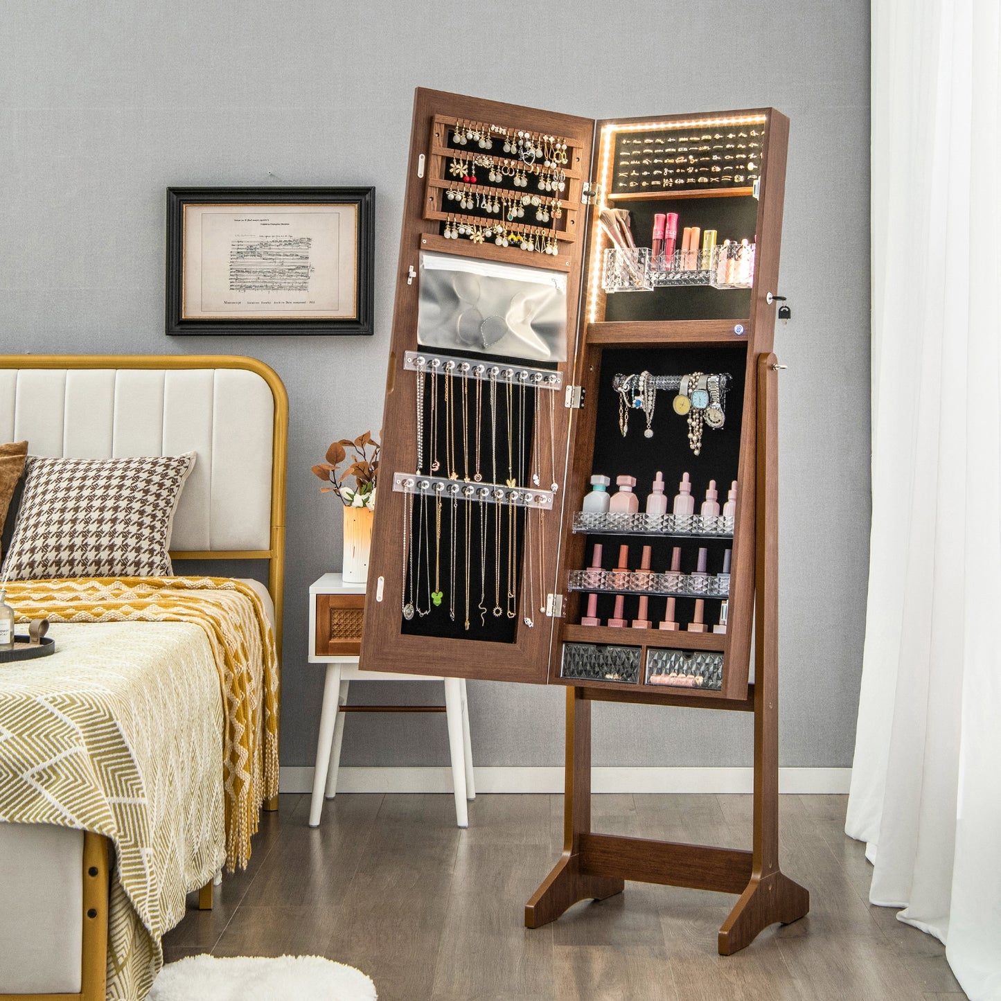 Standing Jewelry Armoire with Lock, LED Lighted Full-Length Mirror and Storage Shelves – Walnut