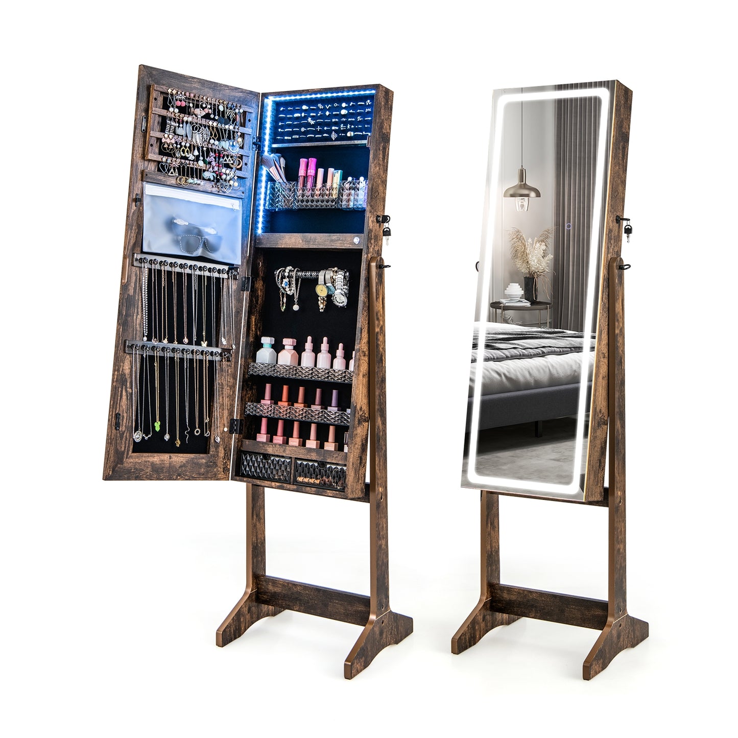Standing Jewelry Armoire with Lock, LED Lighted Full-Length Mirror and Storage Shelves – Rustic Brown