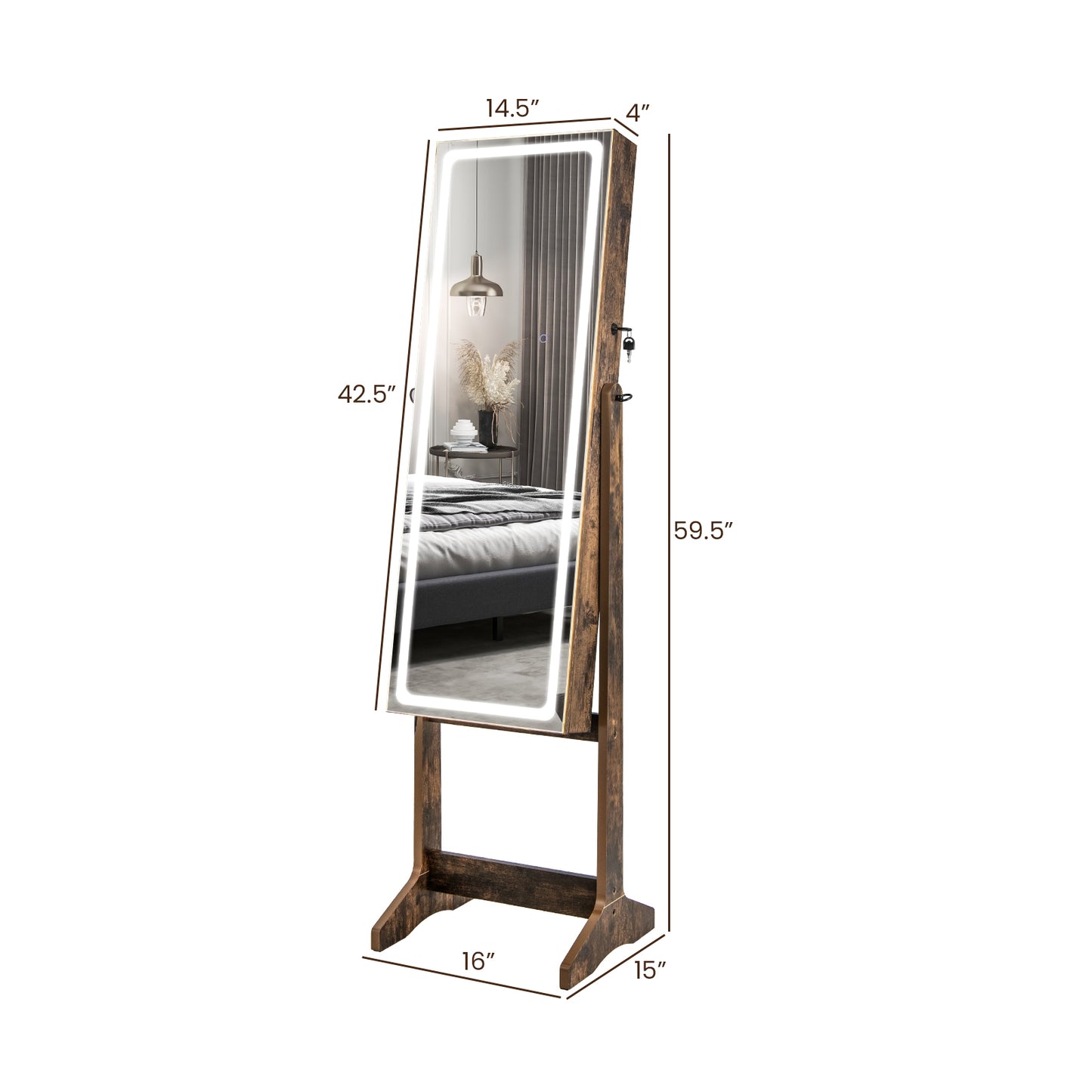 Standing Jewelry Armoire with Lock, LED Lighted Full-Length Mirror and Storage Shelves – Rustic Brown