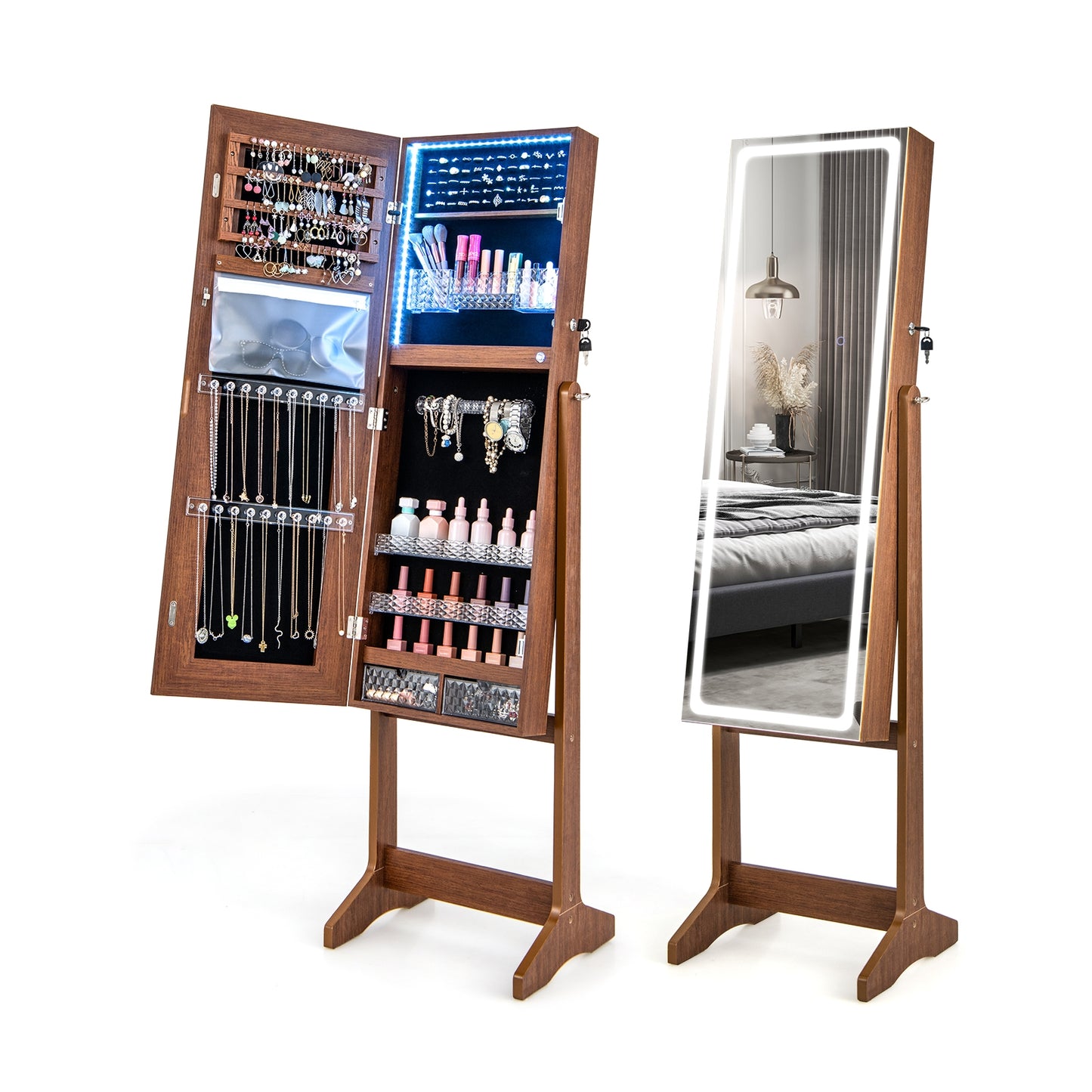 Standing Jewelry Armoire with Lock, LED Lighted Full-Length Mirror and Storage Shelves – Walnut
