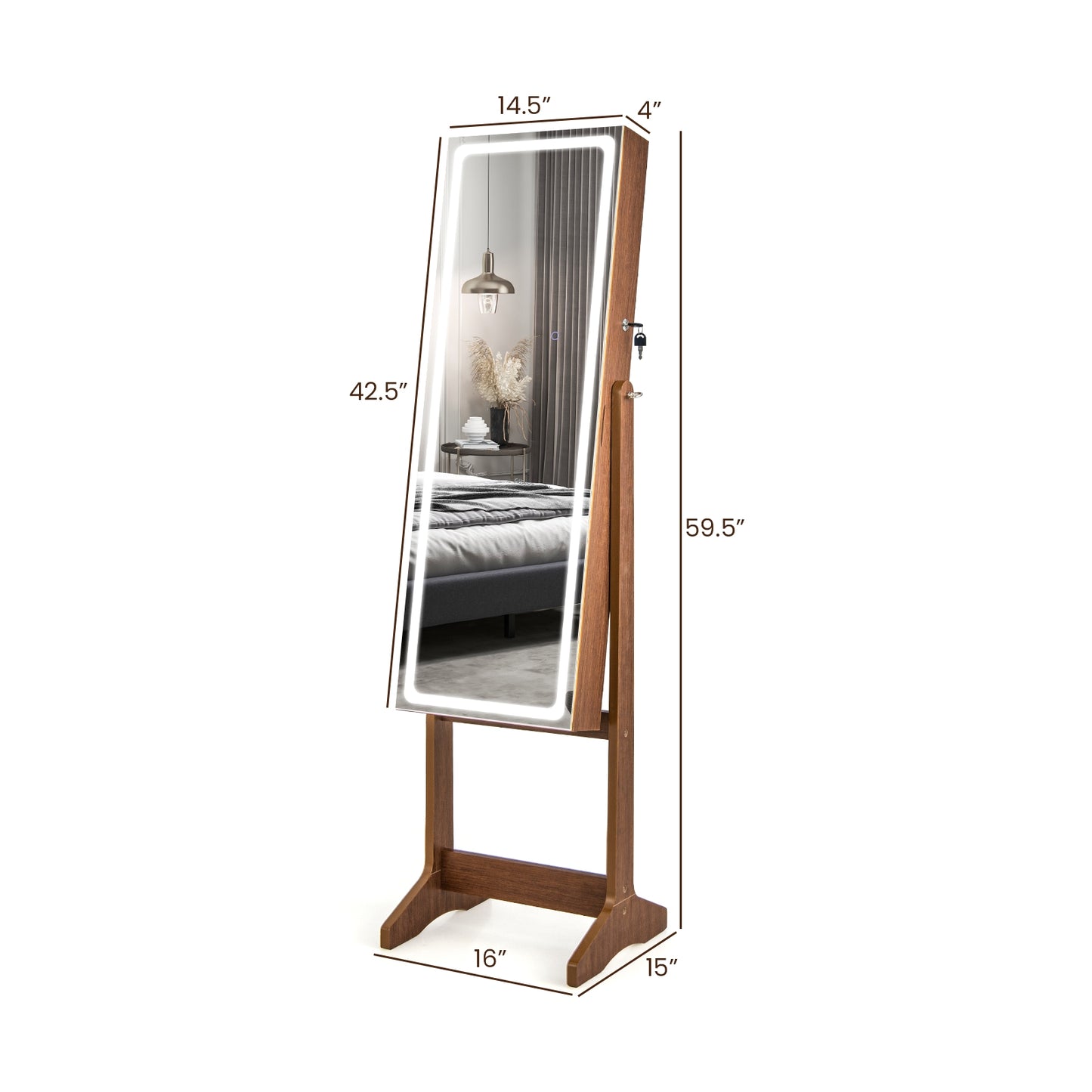 Standing Jewelry Armoire with Lock, LED Lighted Full-Length Mirror and Storage Shelves – Walnut