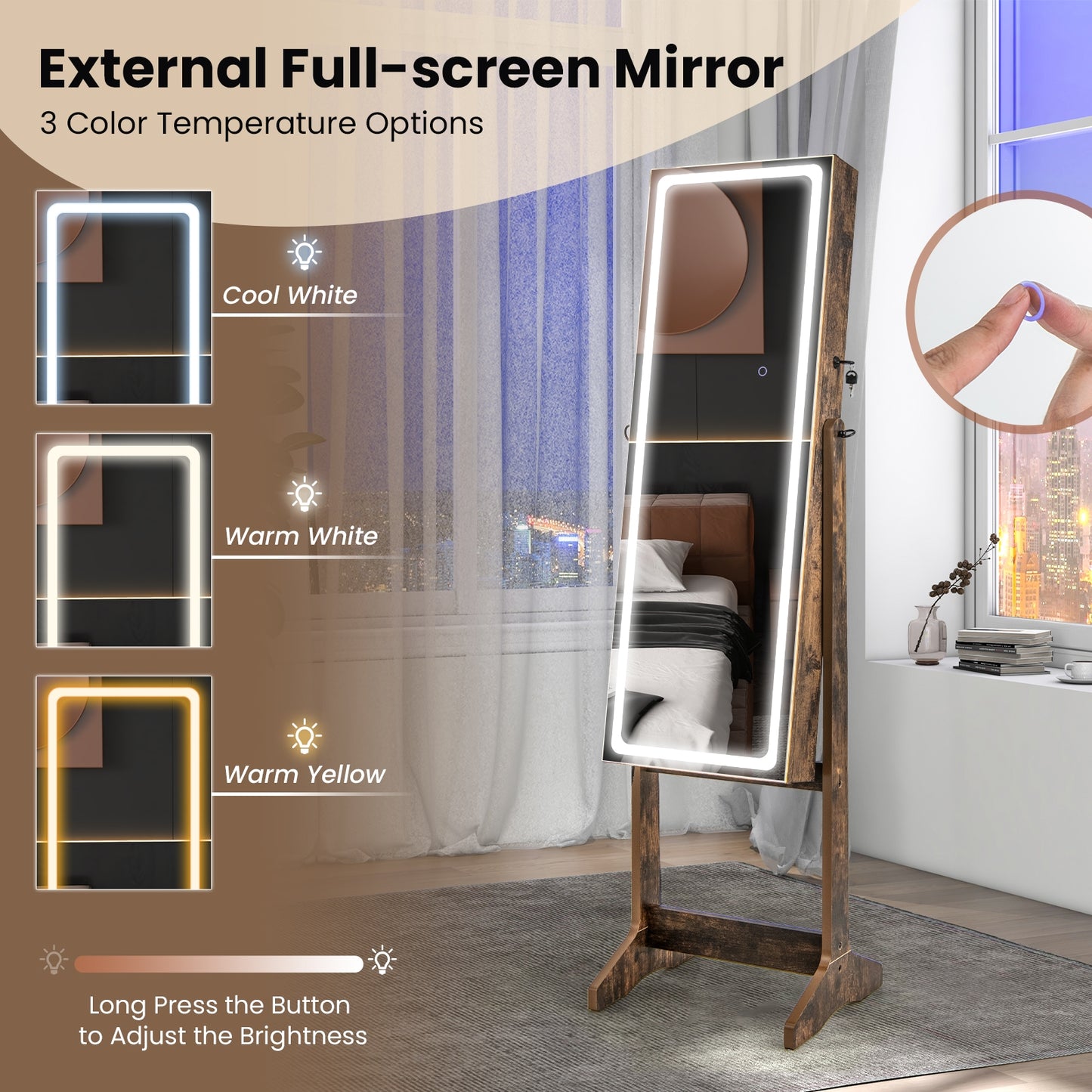 Standing Jewelry Armoire with Lock, LED Lighted Full-Length Mirror and Storage Shelves – Rustic Brown