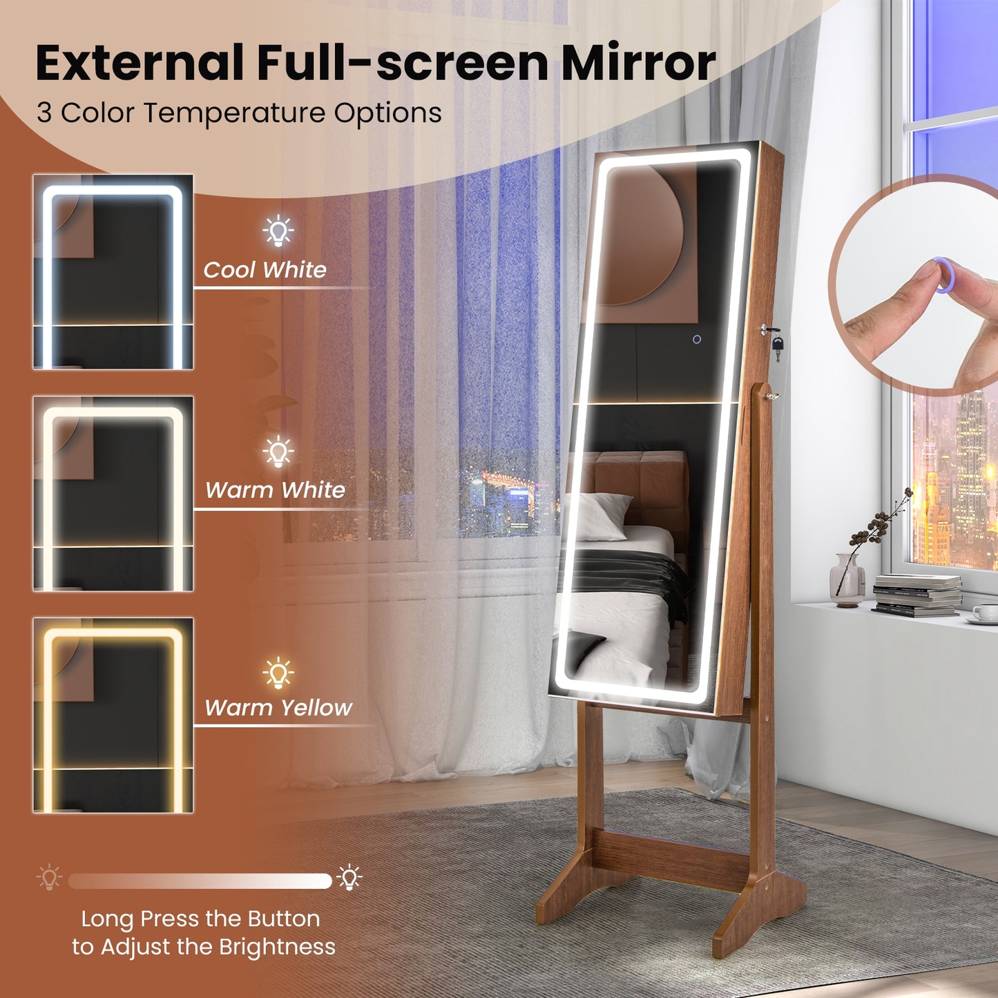 Standing Jewelry Armoire with Lock, LED Lighted Full-Length Mirror and Storage Shelves – Walnut