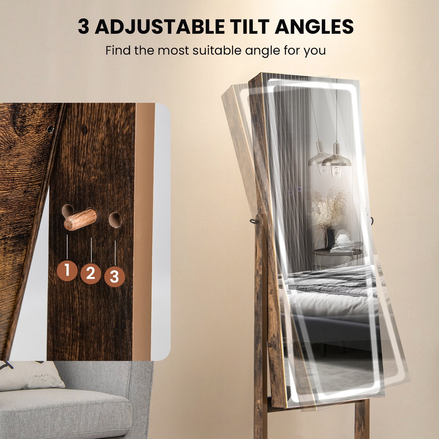 Standing Jewelry Armoire with Lock, LED Lighted Full-Length Mirror and Storage Shelves – Rustic Brown