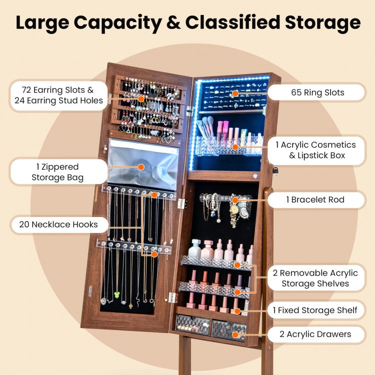 Standing Jewelry Armoire with Lock, LED Lighted Full-Length Mirror and Storage Shelves – Walnut