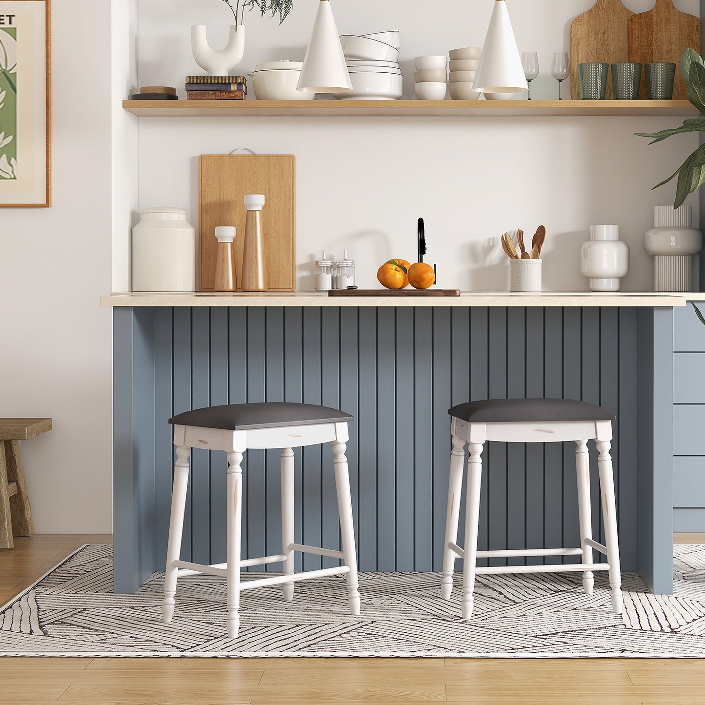 Set of 2 Bar Stools with Padded Cushions and Solid Wood Legs 24"