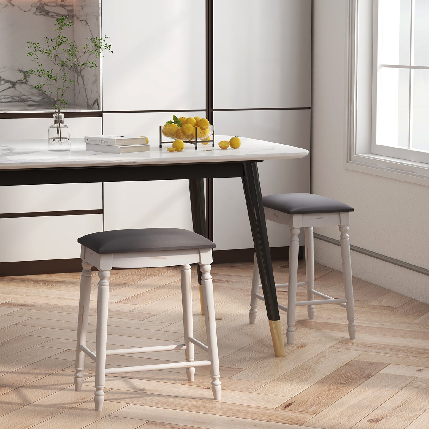 Set of 2 Bar Stools with Padded Cushions and Solid Wood Legs 24"