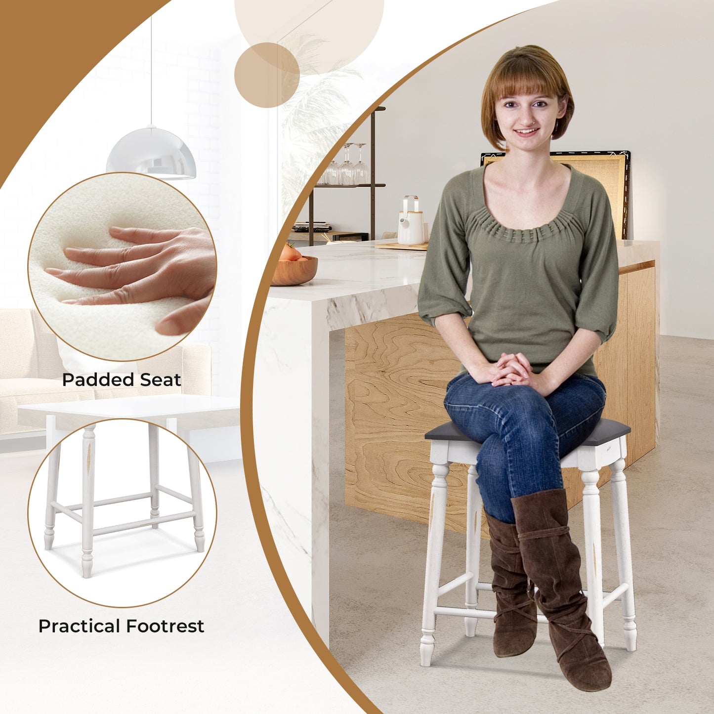 Set of 2 Bar Stools with Padded Cushions and Solid Wood Legs 24"
