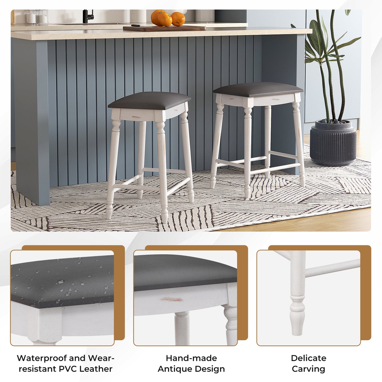 Set of 2 Bar Stools with Padded Cushions and Solid Wood Legs 24"