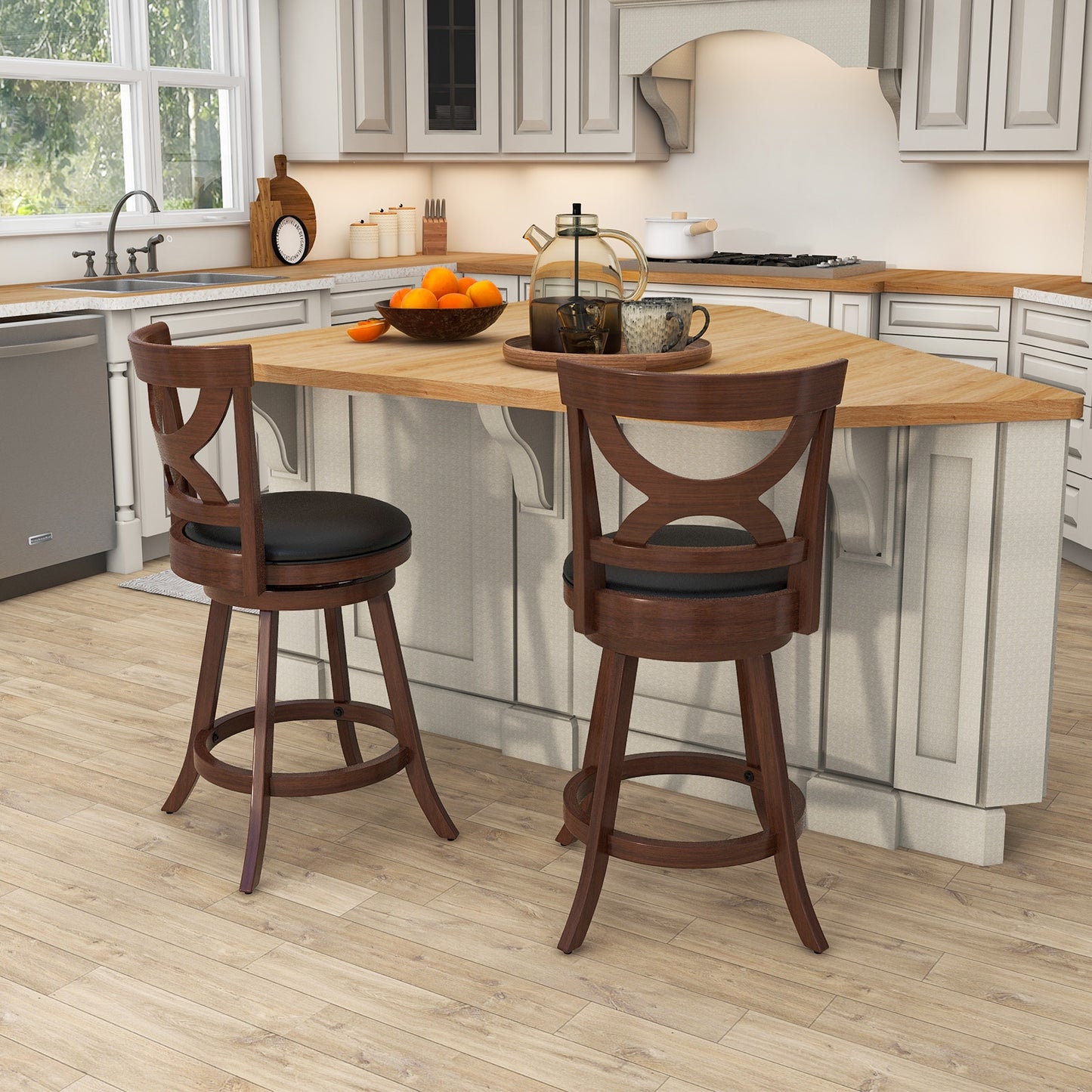 Swivel Bar Stools Set of 2 with Cushioned Seat and Hollow Backrest for Kitchen or Dining Room 24 Inch