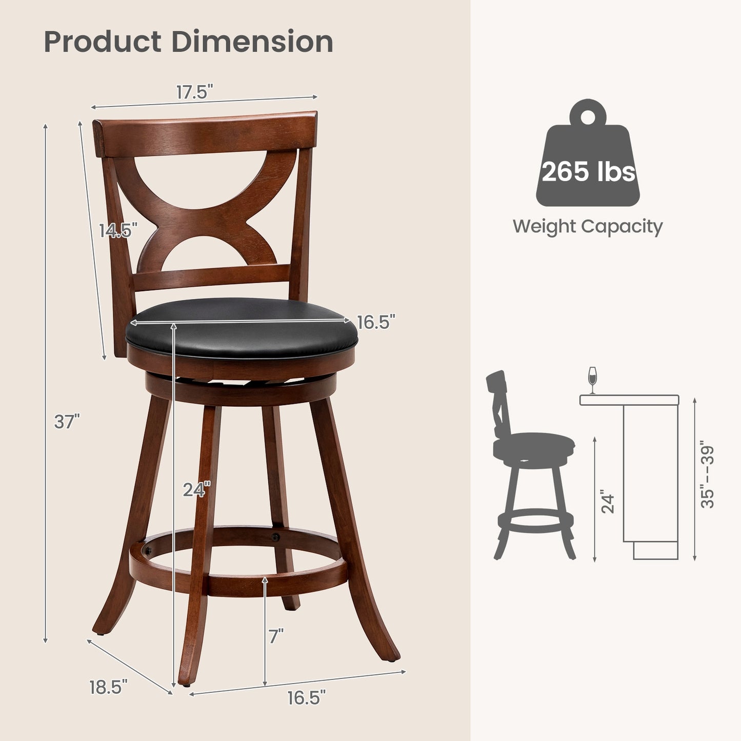 Swivel Bar Stools Set of 2 with Cushioned Seat and Hollow Backrest for Kitchen or Dining Room 24 Inch