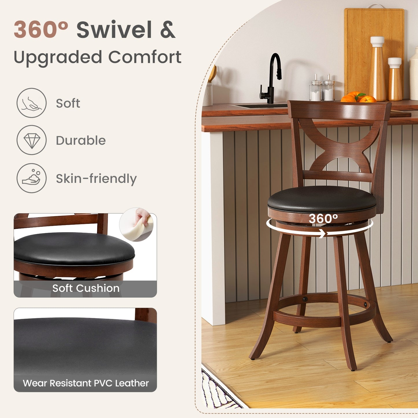 Swivel Bar Stools Set of 2 with Cushioned Seat and Hollow Backrest for Kitchen or Dining Room 24 Inch
