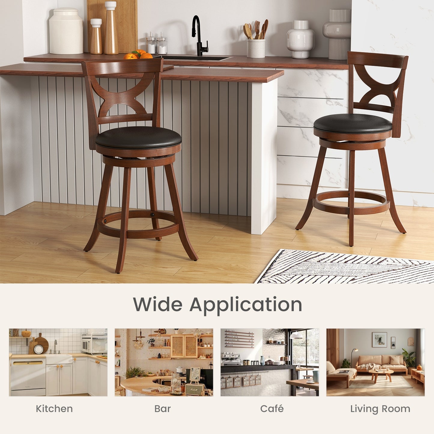 Swivel Bar Stools Set of 2 with Cushioned Seat and Hollow Backrest for Kitchen or Dining Room 24 Inch