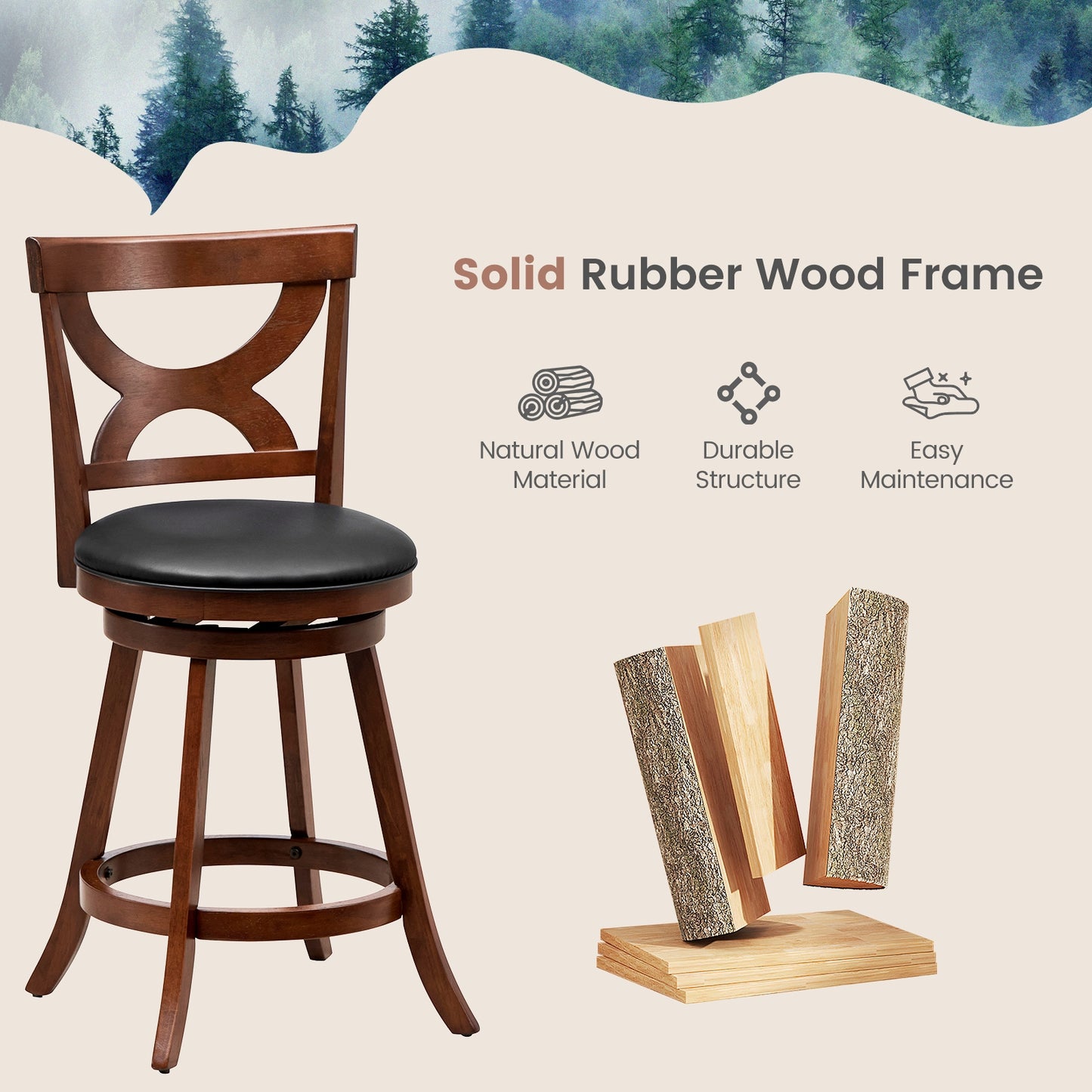 Swivel Bar Stools Set of 2 with Cushioned Seat and Hollow Backrest for Kitchen or Dining Room 24 Inch