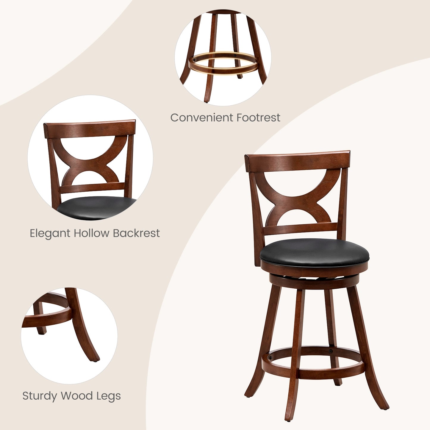 Swivel Bar Stools Set of 2 with Cushioned Seat and Hollow Backrest for Kitchen or Dining Room 24 Inch