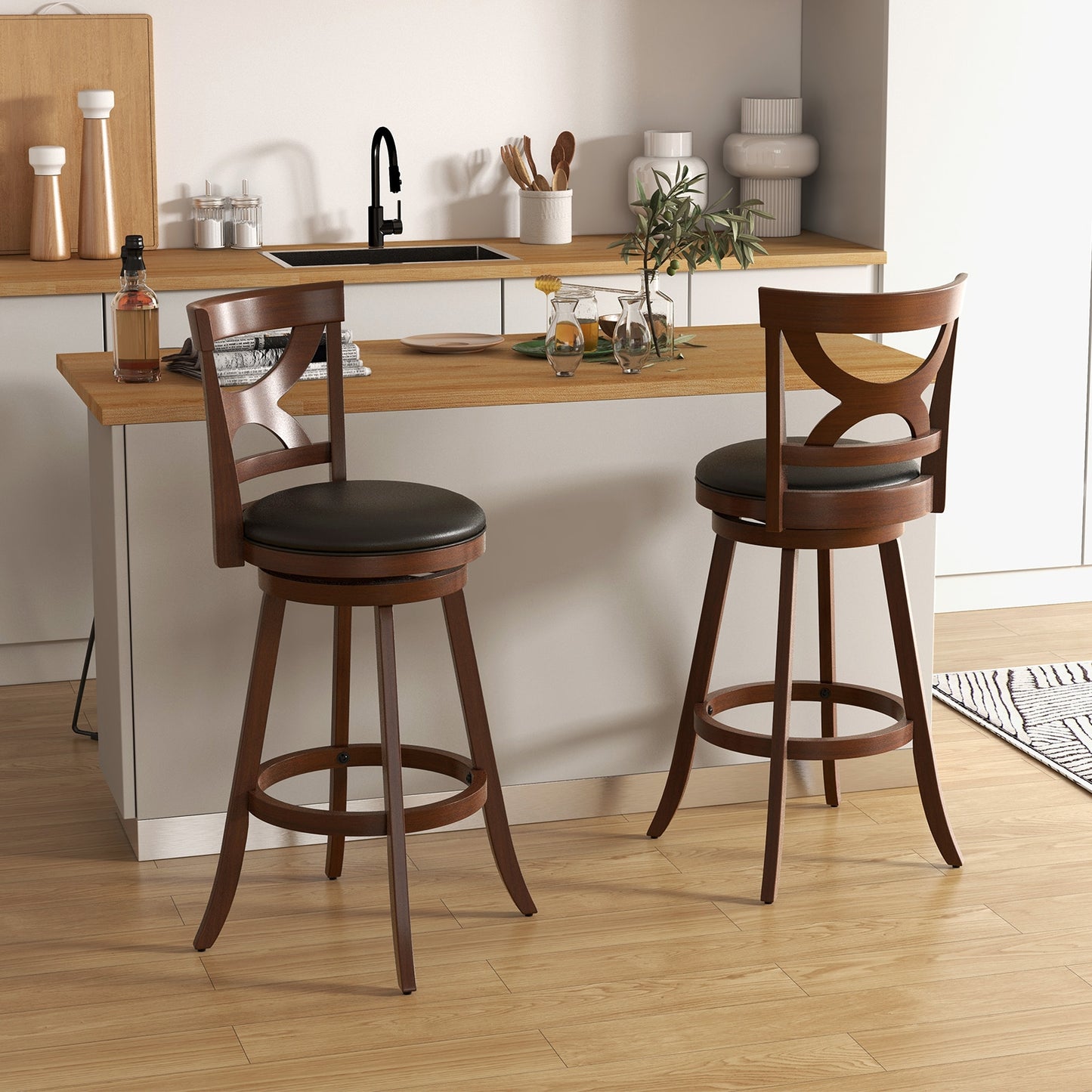 Swivel Bar Stools Set of 2 with Cushioned Seat and Hollow Backrest for Kitchen or Dining Room 30.5 Inch
