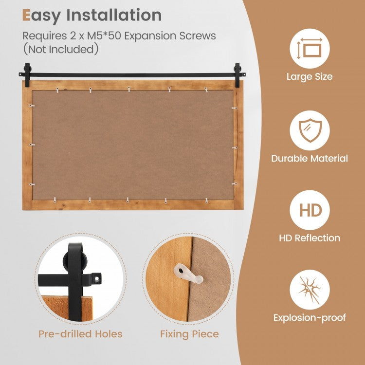40 x 26 Inch Farmhouse Barn Door Style Wall Mirror with Solid Wood Frame and Metal Bracket - Brown