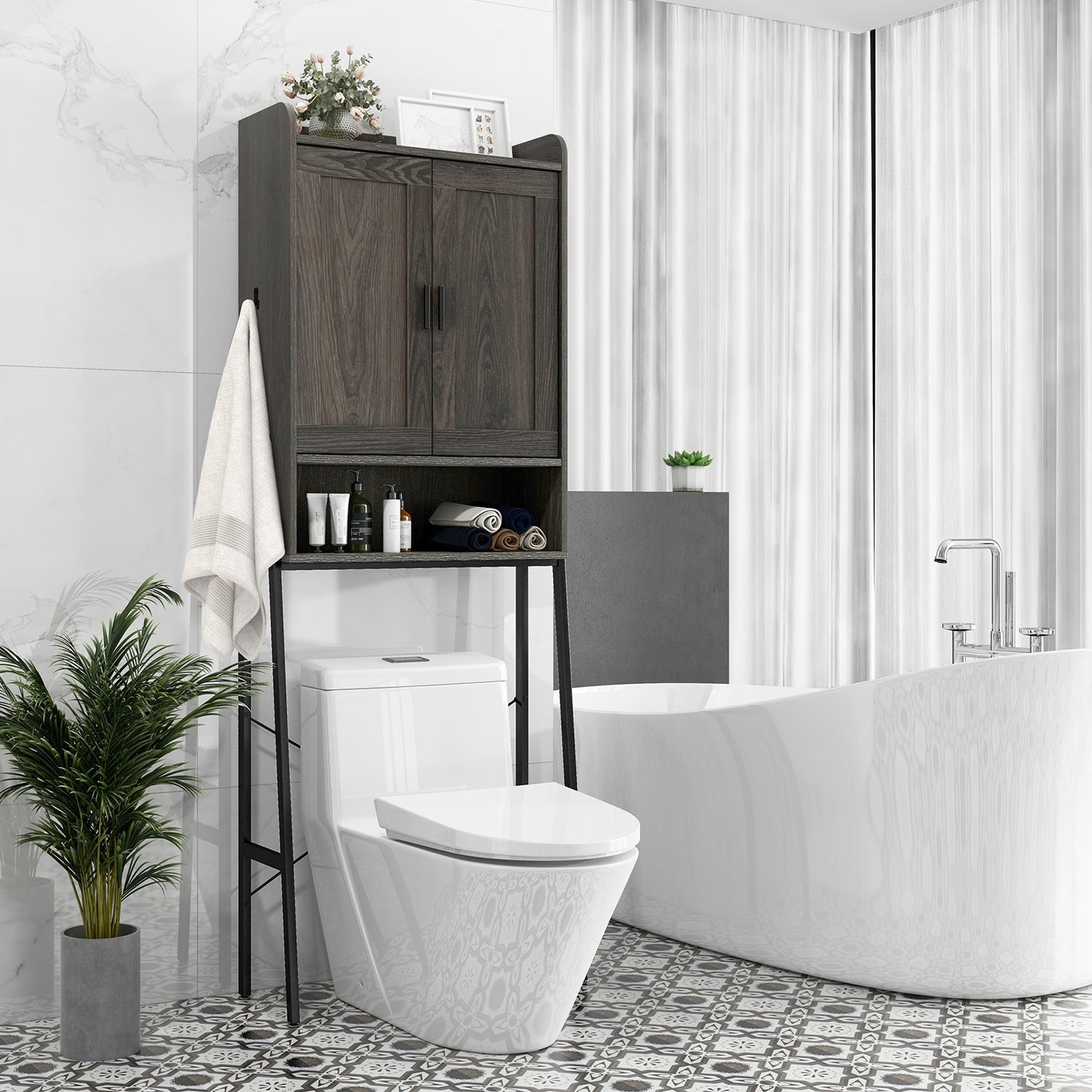 Freestanding Bathroom Cabinet with Double Doors and Adjustable Storage