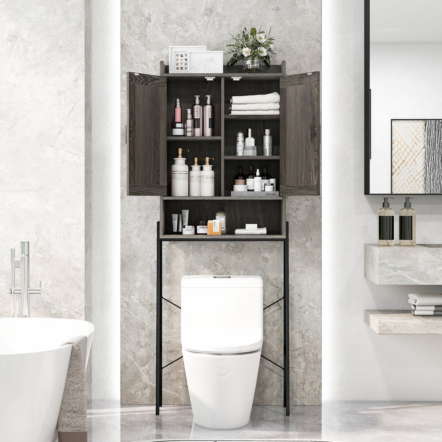 Freestanding Bathroom Cabinet with Double Doors and Adjustable Storage