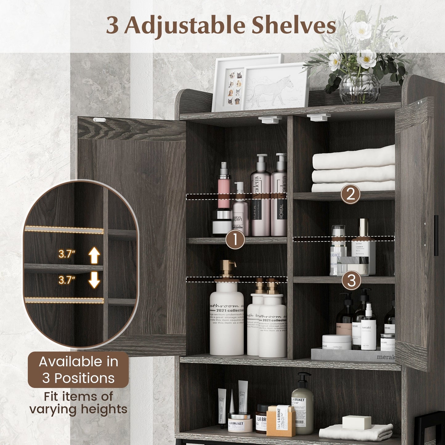 Freestanding Bathroom Cabinet with Double Doors and Adjustable Storage