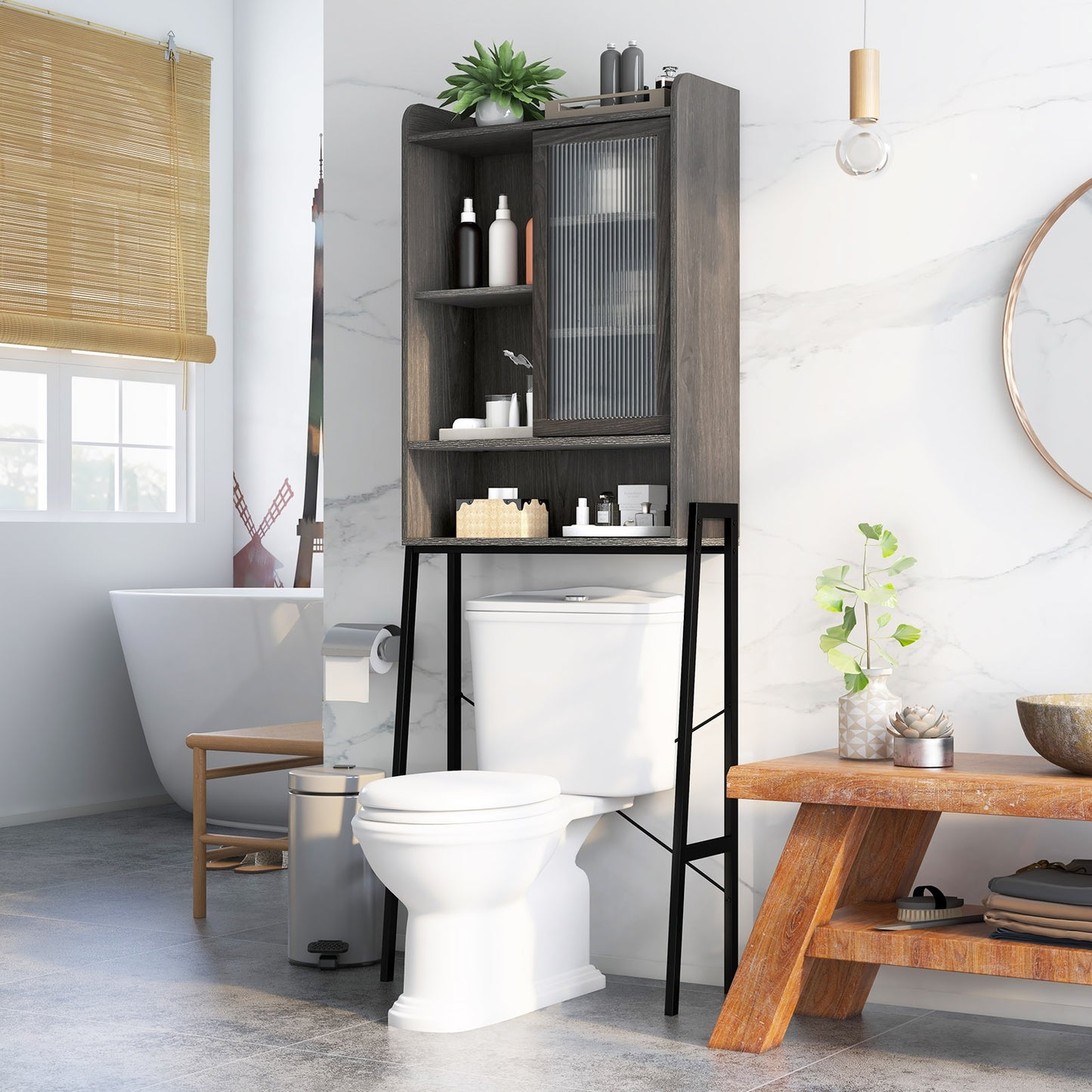 Sliding Acrylic Door Over-the-Toilet Storage with Adjustable Shelves