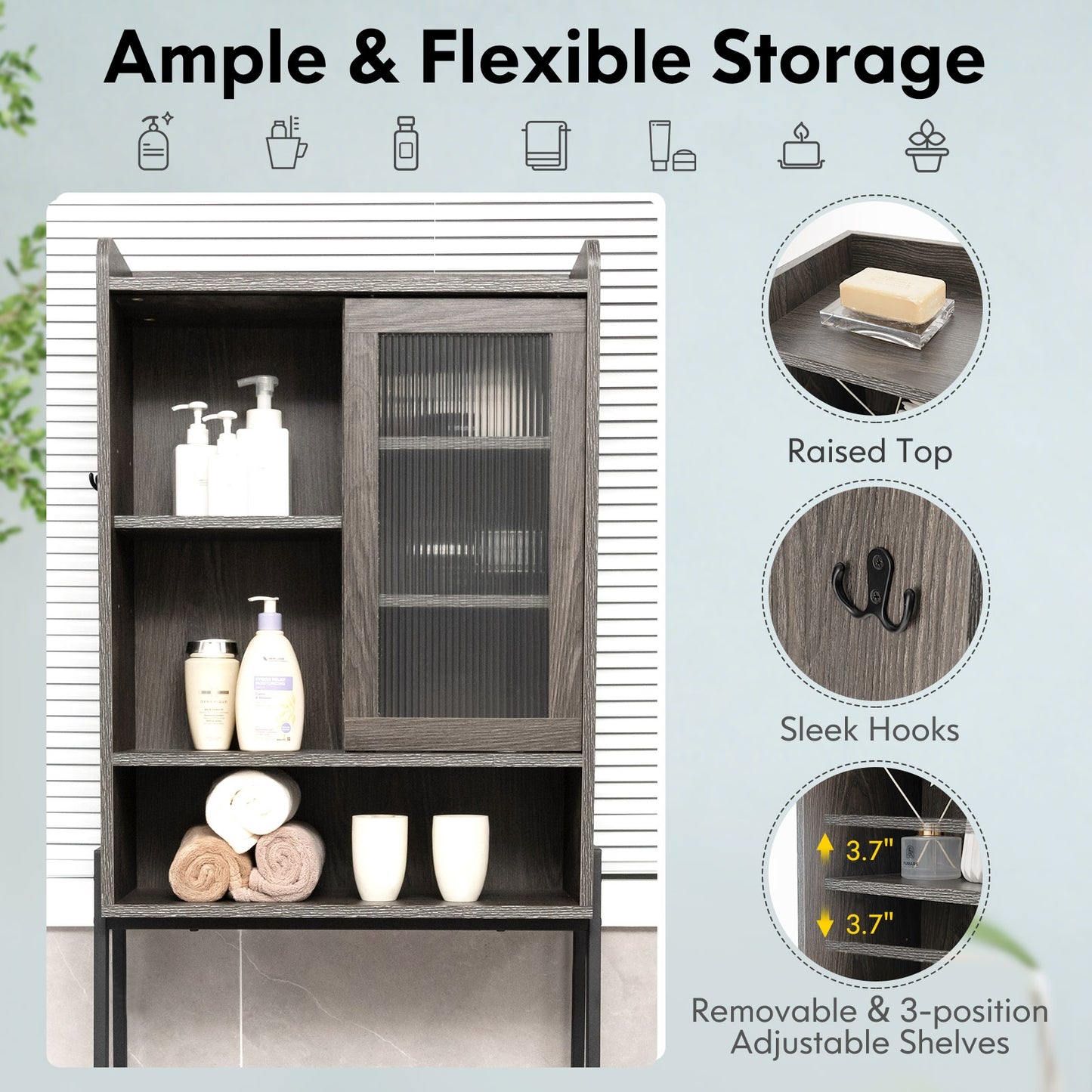 Sliding Acrylic Door Over-the-Toilet Storage with Adjustable Shelves