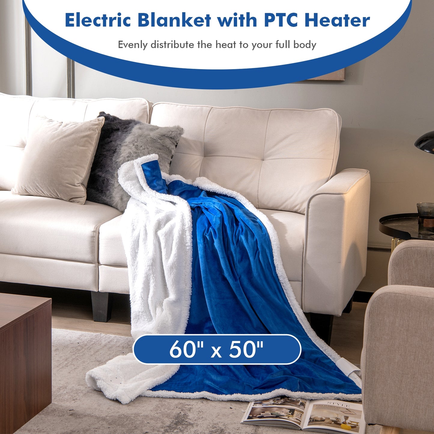 Electric Heated Blanket Throw with 10 Heat Settings and Auto Shut-Off – Blue