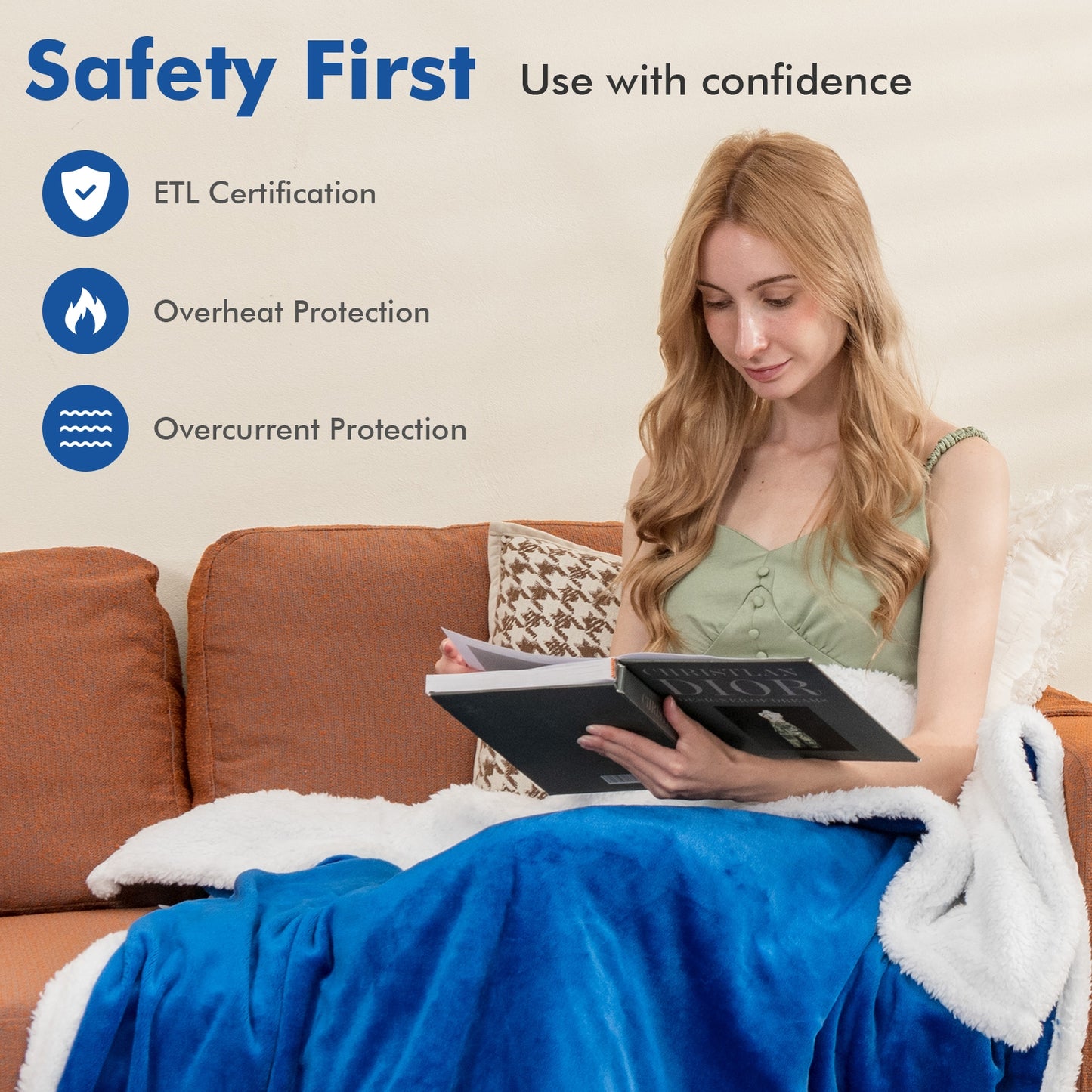 Electric Heated Blanket Throw with 10 Heat Settings and Auto Shut-Off – Blue