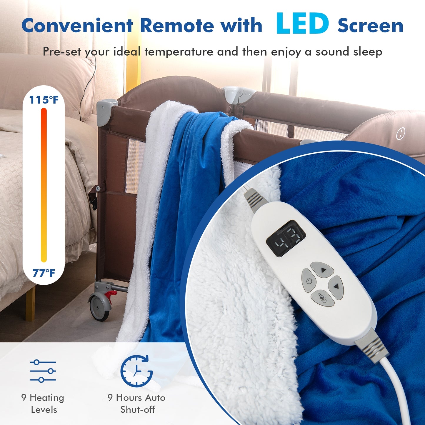 Electric Heated Blanket Throw with 10 Heat Settings and Auto Shut-Off – Blue