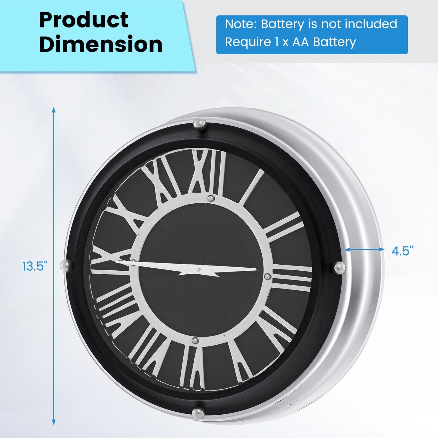 13.5 Inch Silent Quartz Wall Clock with Elegant Silver Frame