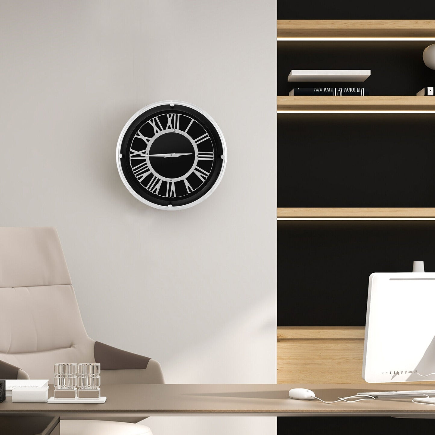 13.5 Inch Silent Quartz Wall Clock with Elegant Silver Frame