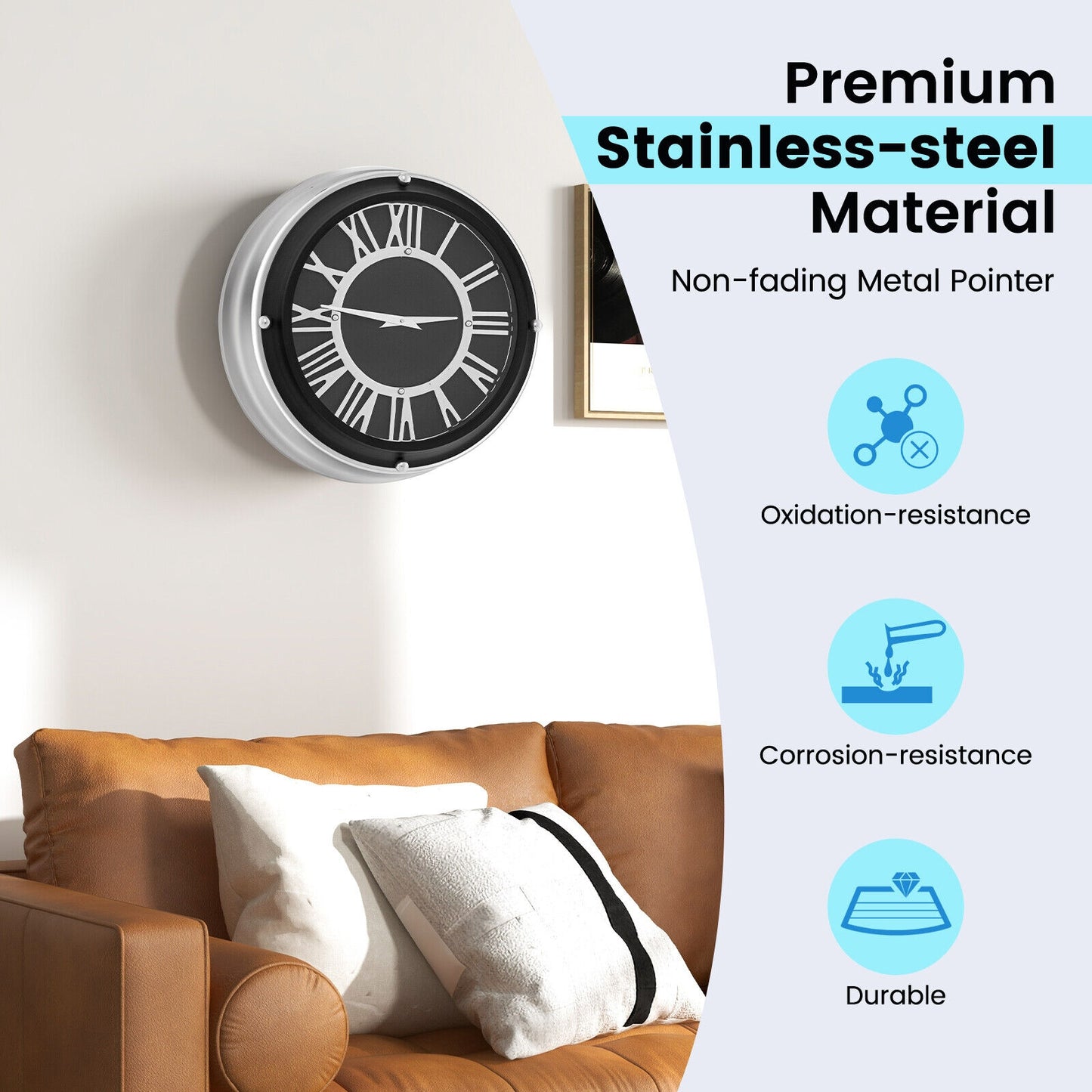 13.5 Inch Silent Quartz Wall Clock with Elegant Silver Frame