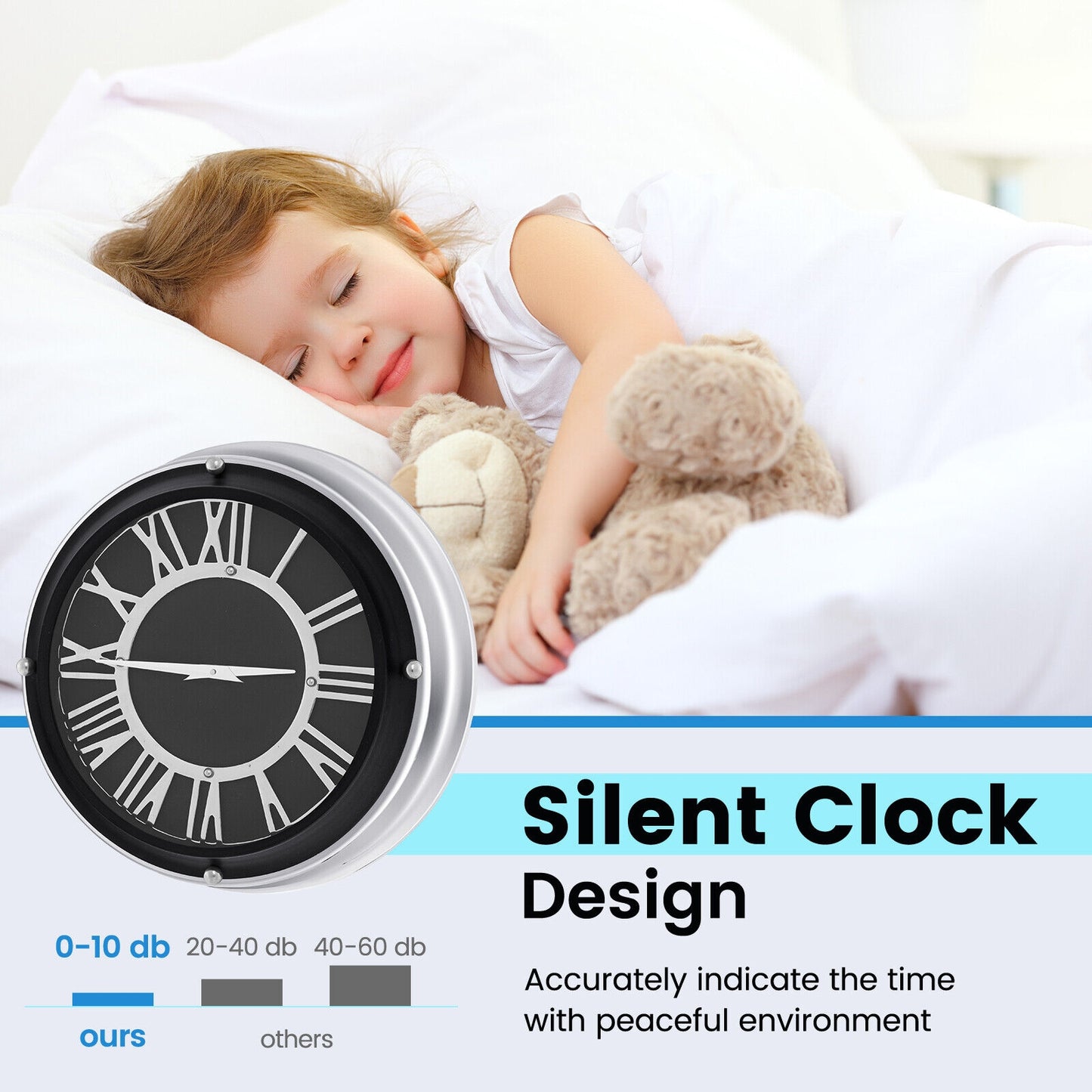 13.5 Inch Silent Quartz Wall Clock with Elegant Silver Frame