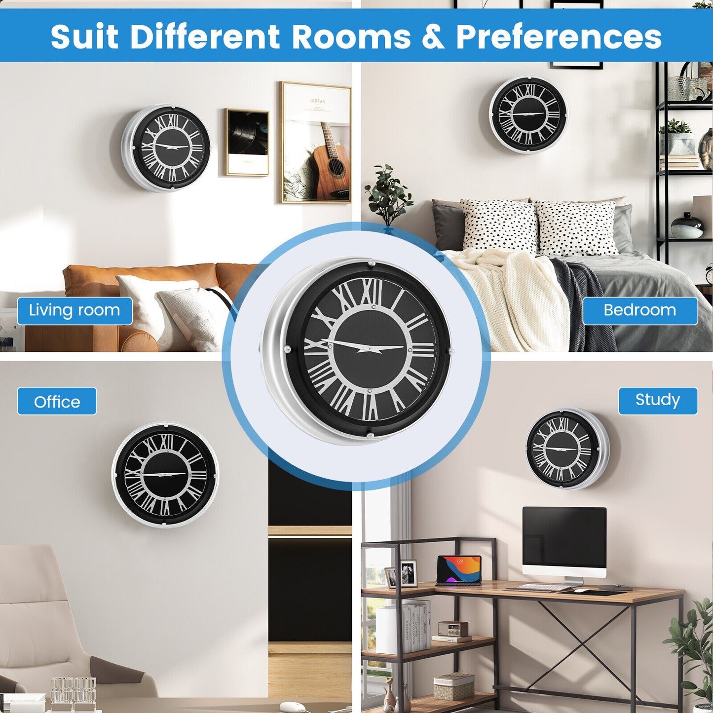 13.5 Inch Silent Quartz Wall Clock with Elegant Silver Frame