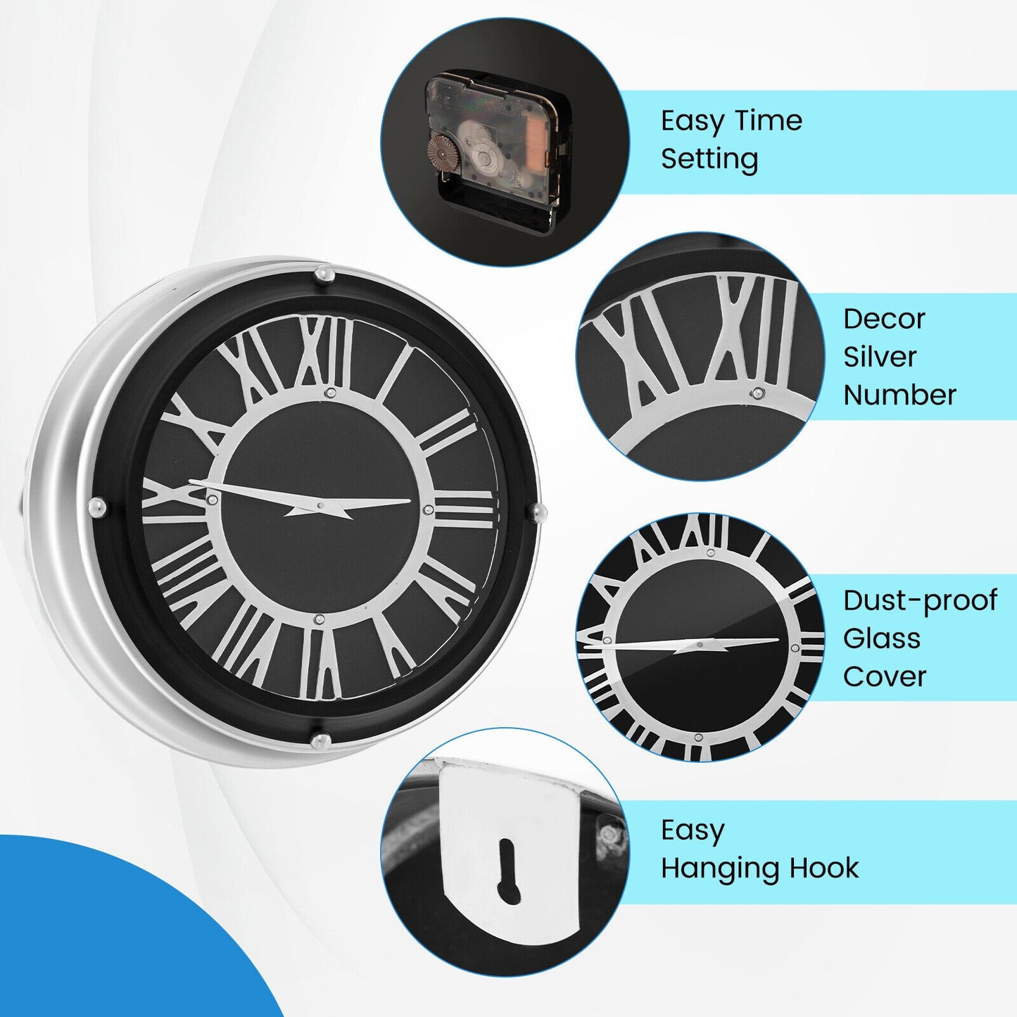 13.5 Inch Silent Quartz Wall Clock with Elegant Silver Frame