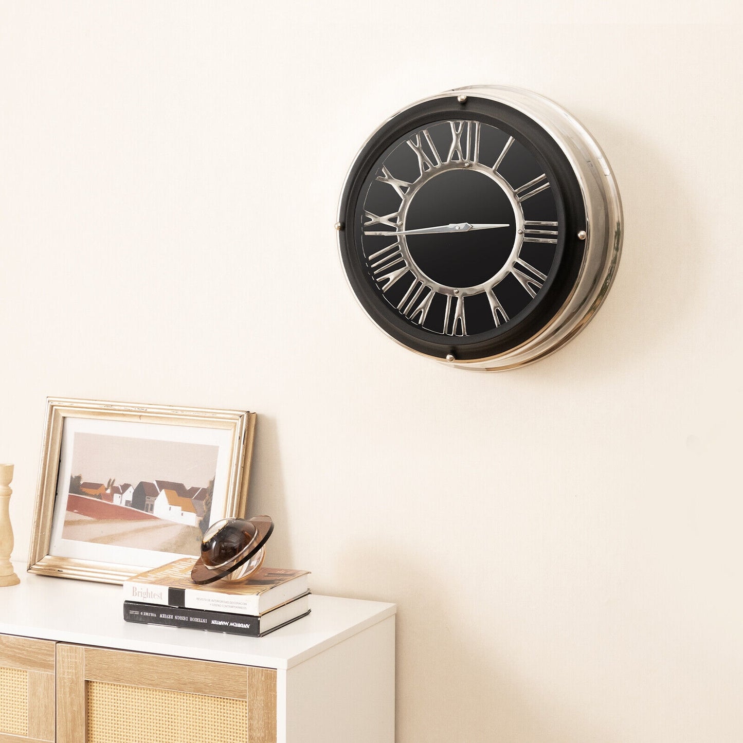 17.5 Inch Silent Quartz Wall Clock with Elegant Silver Frame