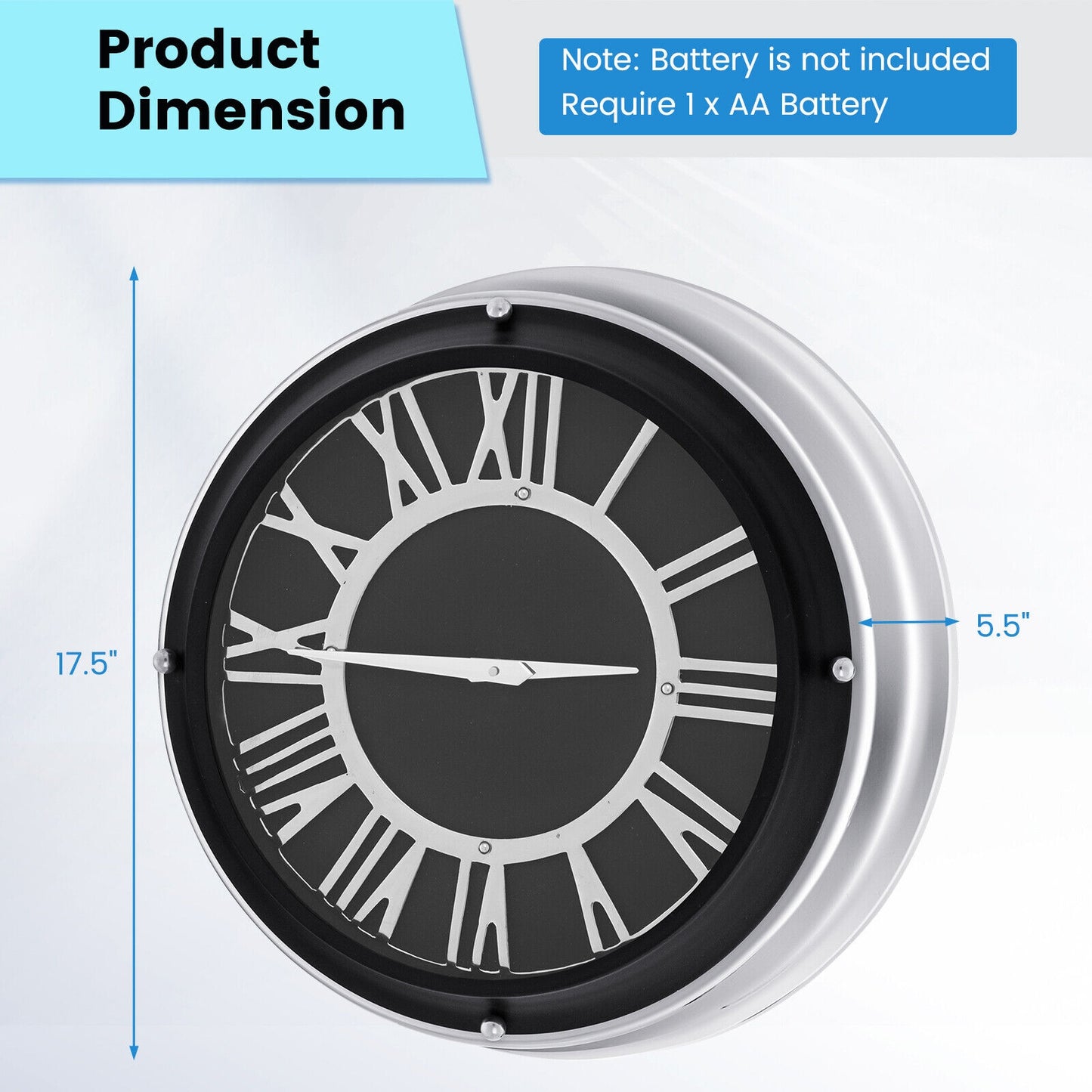 17.5 Inch Silent Quartz Wall Clock with Elegant Silver Frame