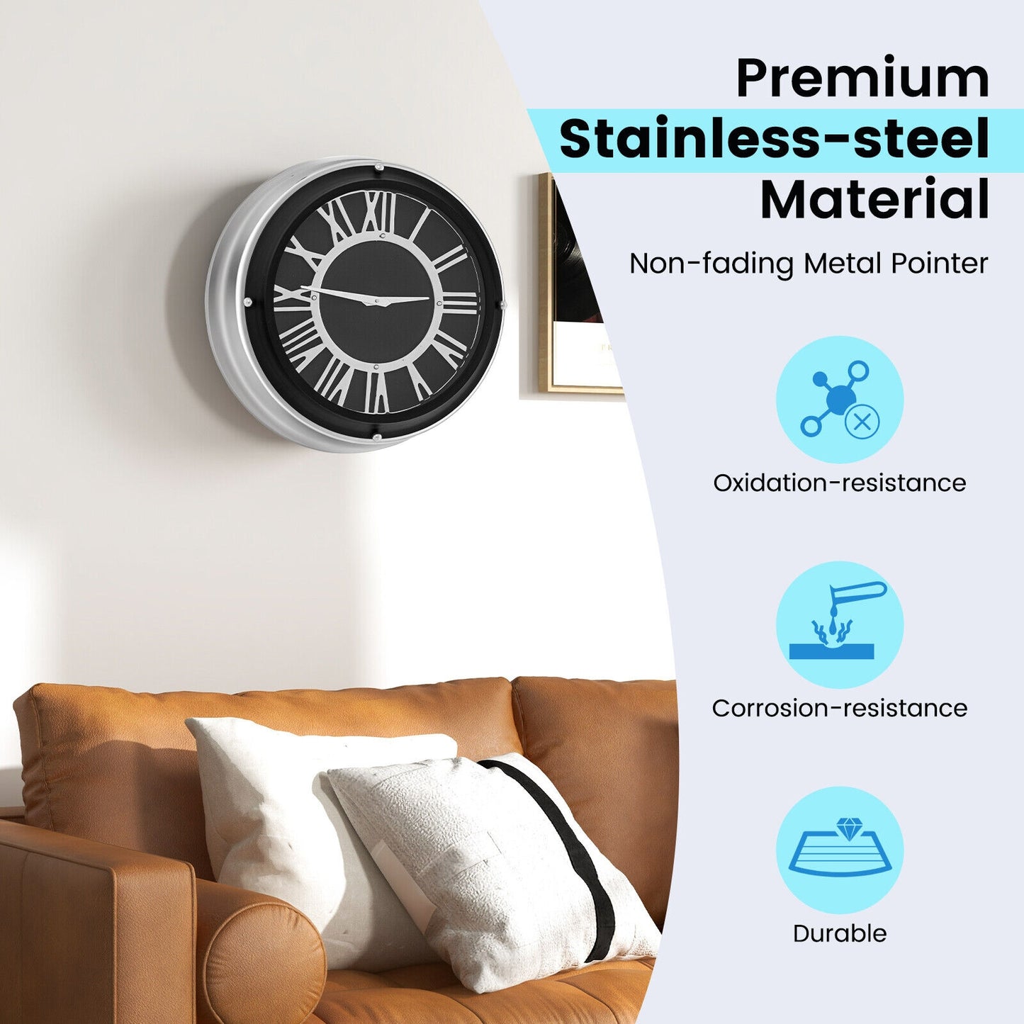 17.5 Inch Silent Quartz Wall Clock with Elegant Silver Frame