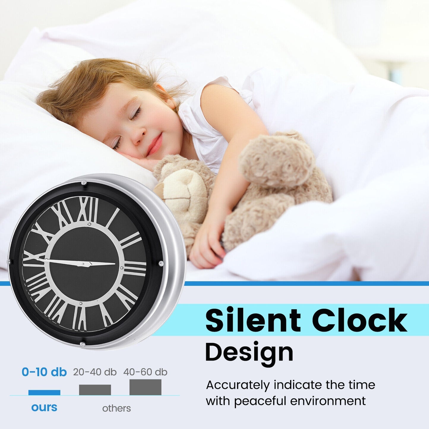 17.5 Inch Silent Quartz Wall Clock with Elegant Silver Frame