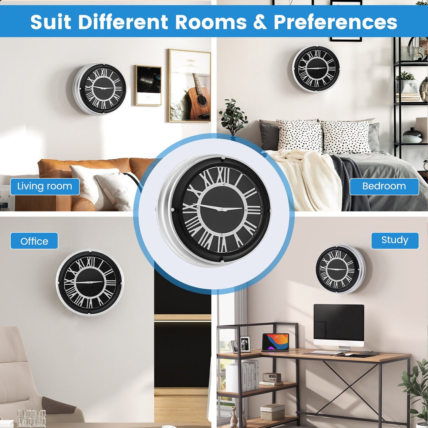 17.5 Inch Silent Quartz Wall Clock with Elegant Silver Frame